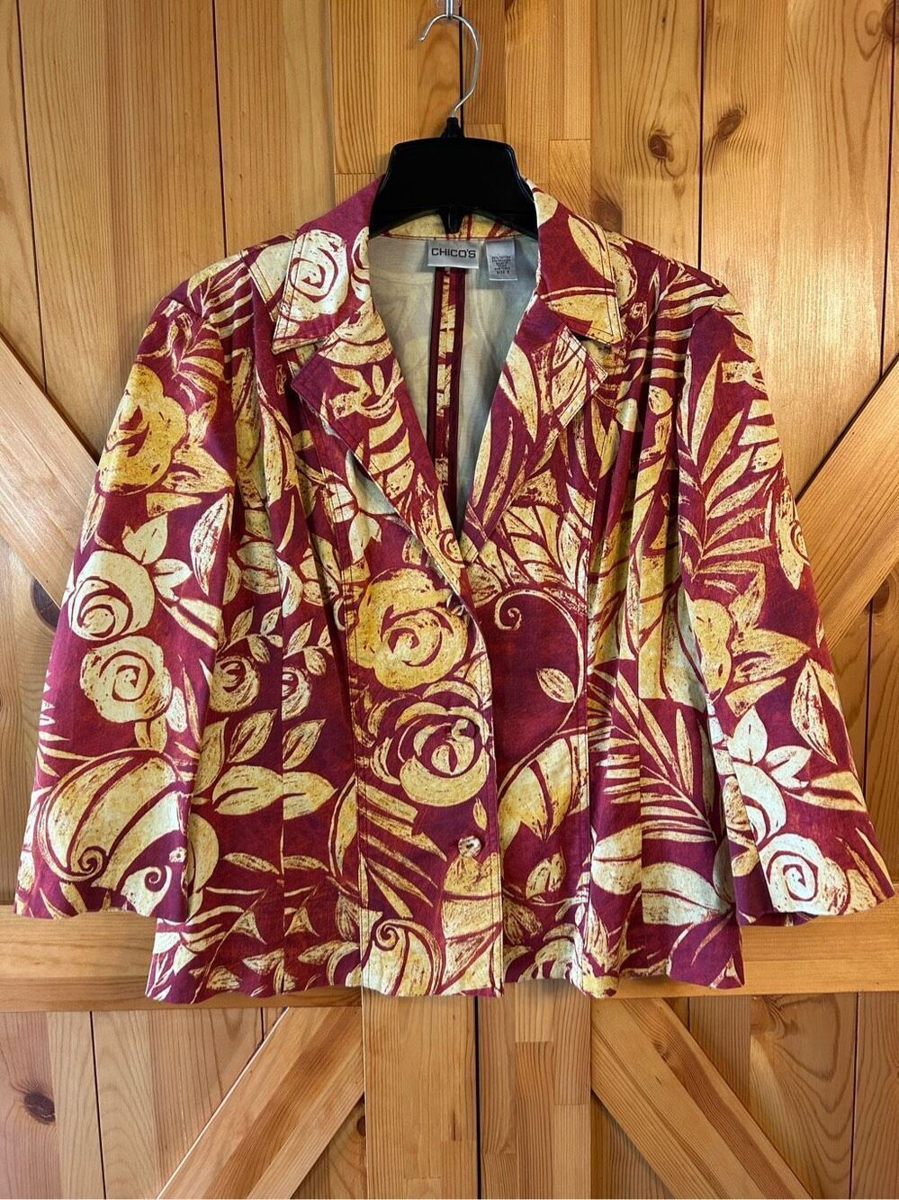 Chico's Women's 3 Button Blazer Jacket Sz 2/Large Collar Floral Yellow Burgundy